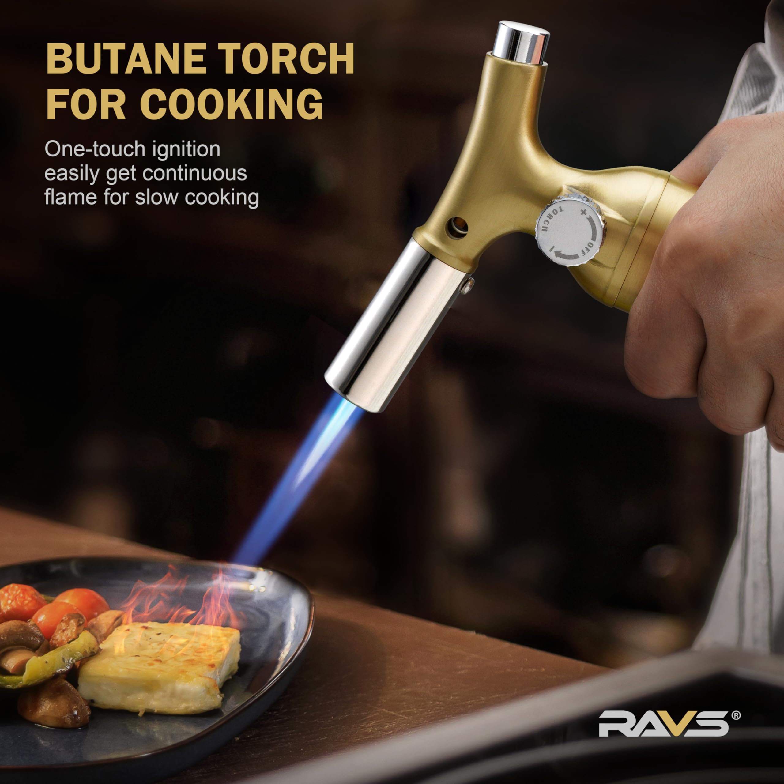 RAVS windproof nozzle maintains steady flame in breezy conditions.