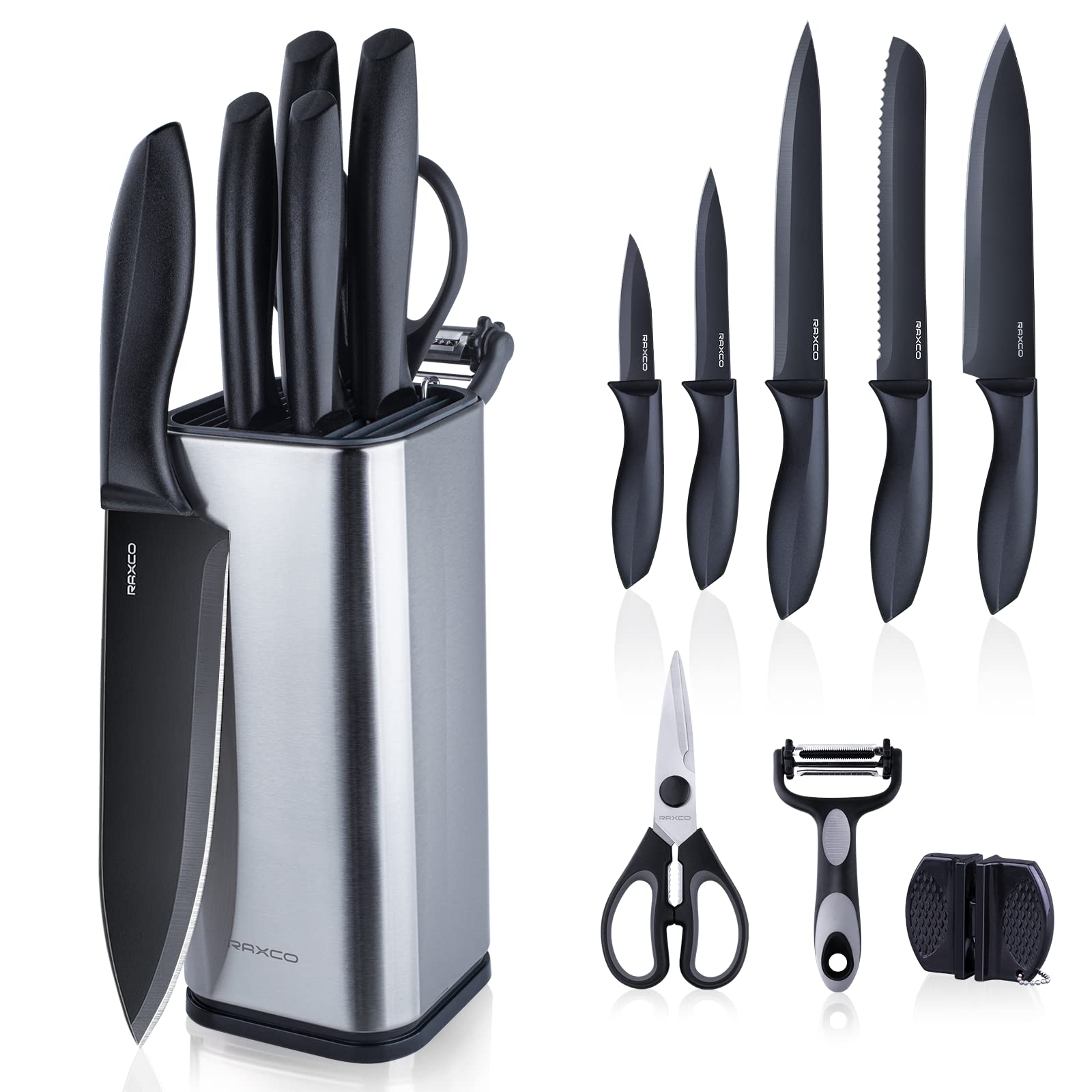 RAXCO knife set block with organized storage for quick kitchen prep.