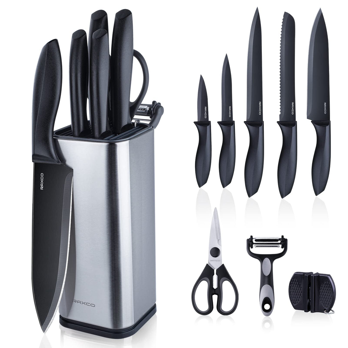 RAXCO knife set block with organized storage for quick kitchen prep.