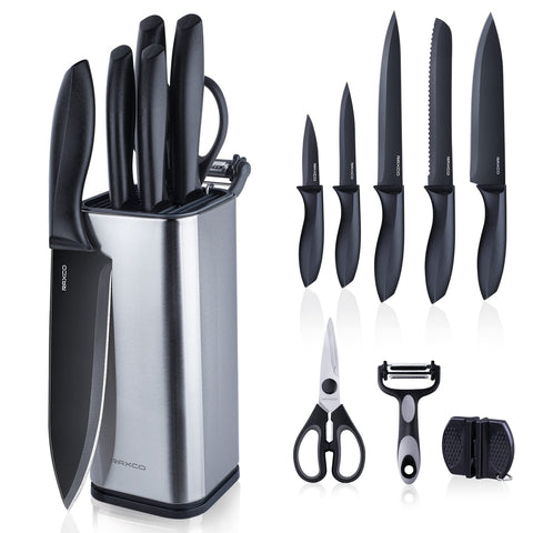RAXCO knife set block with organized storage for quick kitchen prep.