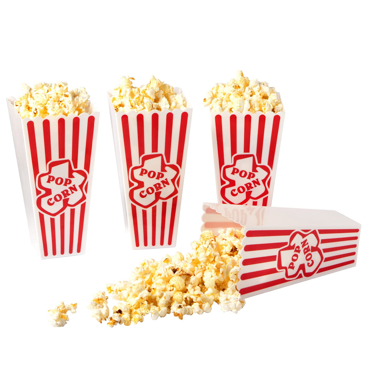 RAYMEA striped red-white popcorn containers are reusable 34oz buckets for movie night.