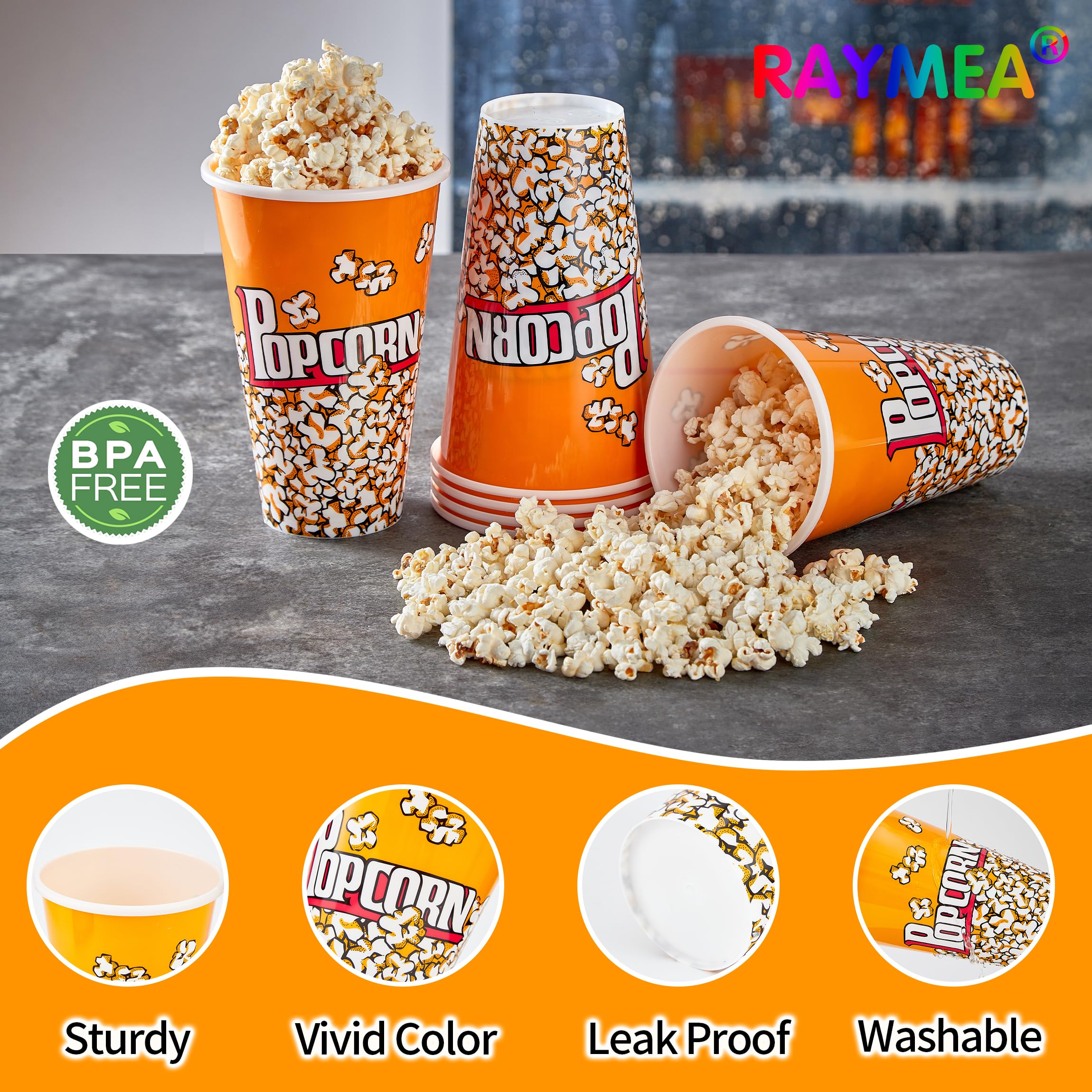 Raymea 32 oz popcorn container highlights ample single-serve capacity.
