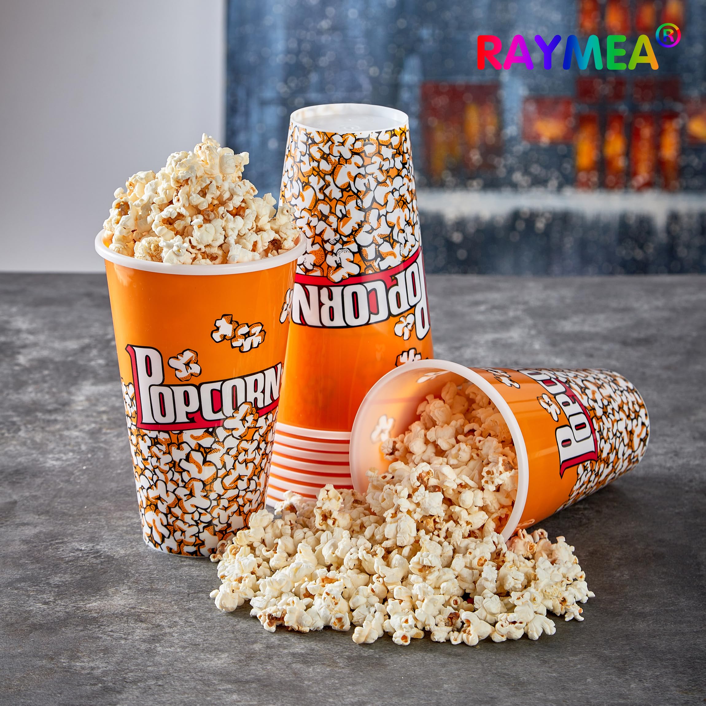 Raymea retro-style popcorn bucket with classic popcorn print.