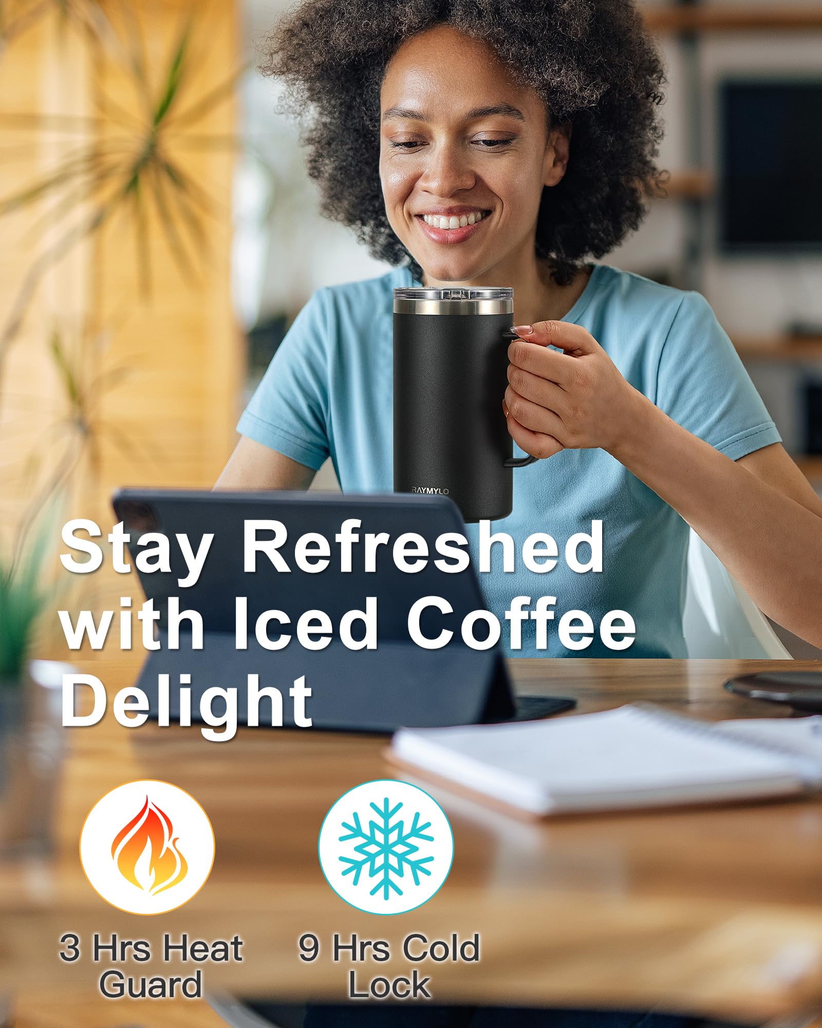 RAYMYLO mug with detachable slider lid close-up highlighting the secure seal