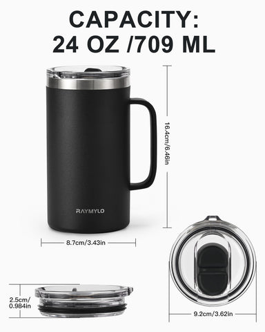 RAYMYLO mug in use with straw, versatile for hot or cold drinks