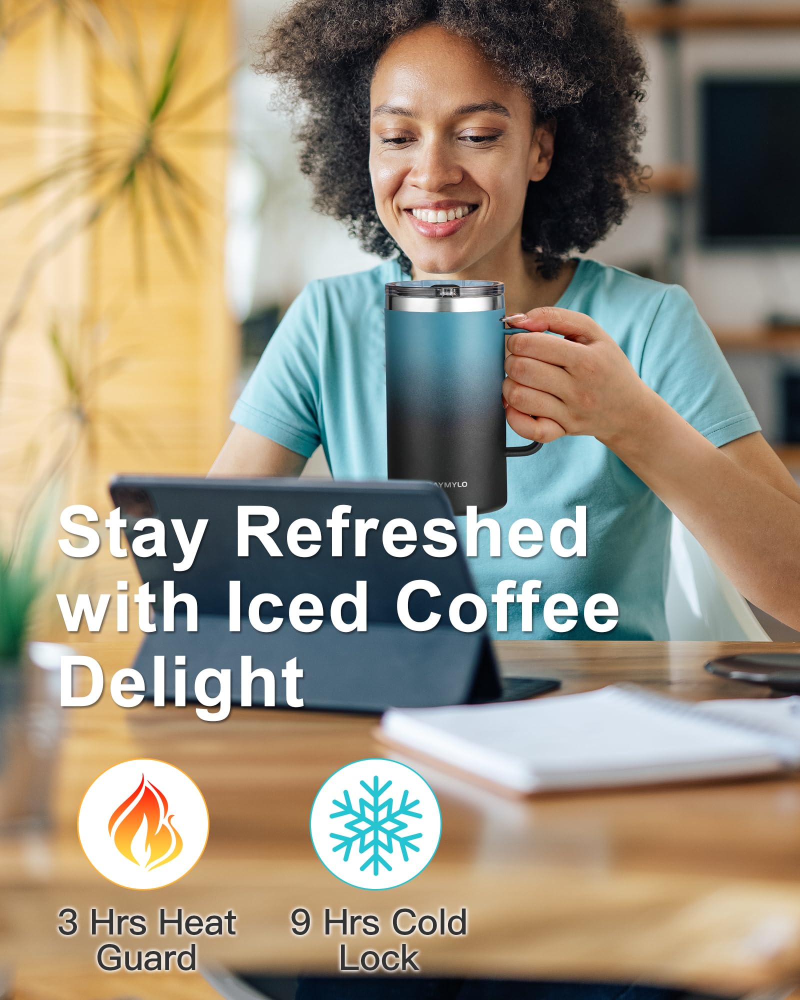 RAYMYLO mug with 100% leak-proof slider lid for mess-free sipping on the go.