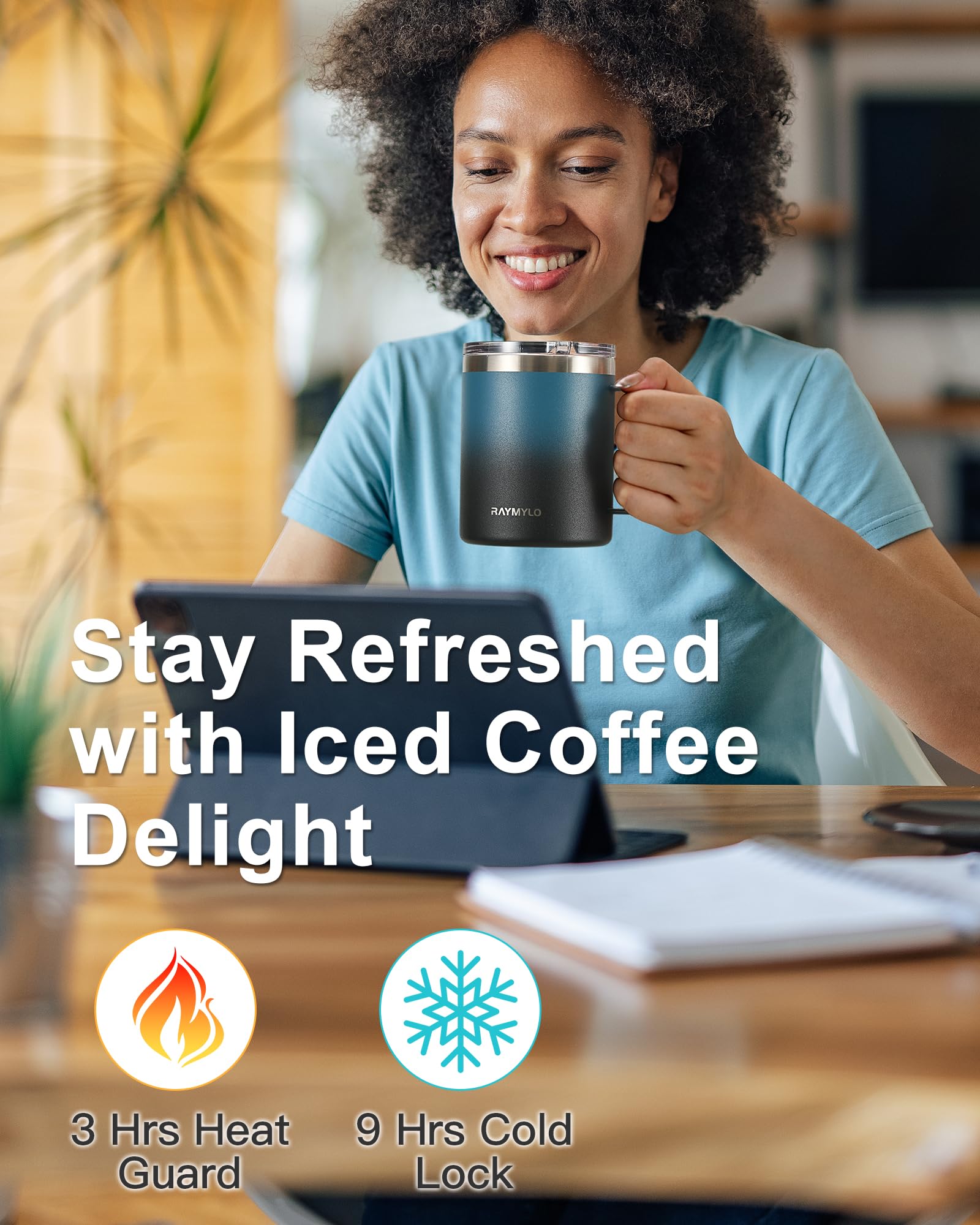 RAYMYLO mug showing double-wall vacuum insulation for cold drinks