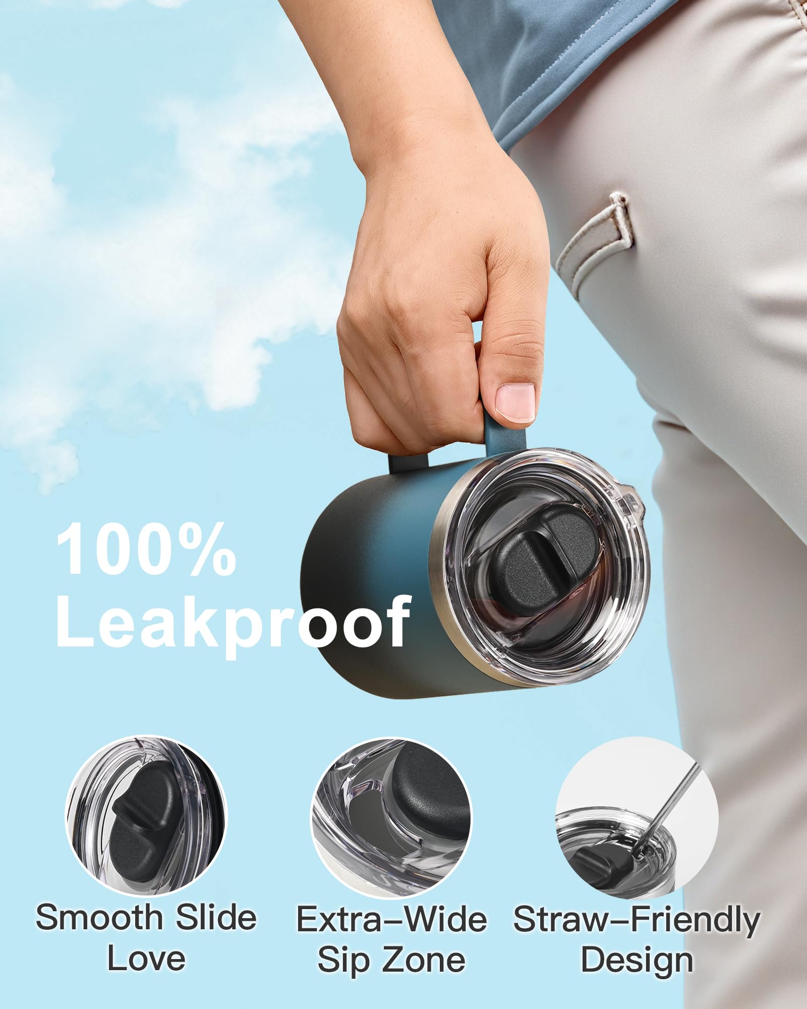 RAYMYLO slider lid with airtight seal enabling leak-free sipping
