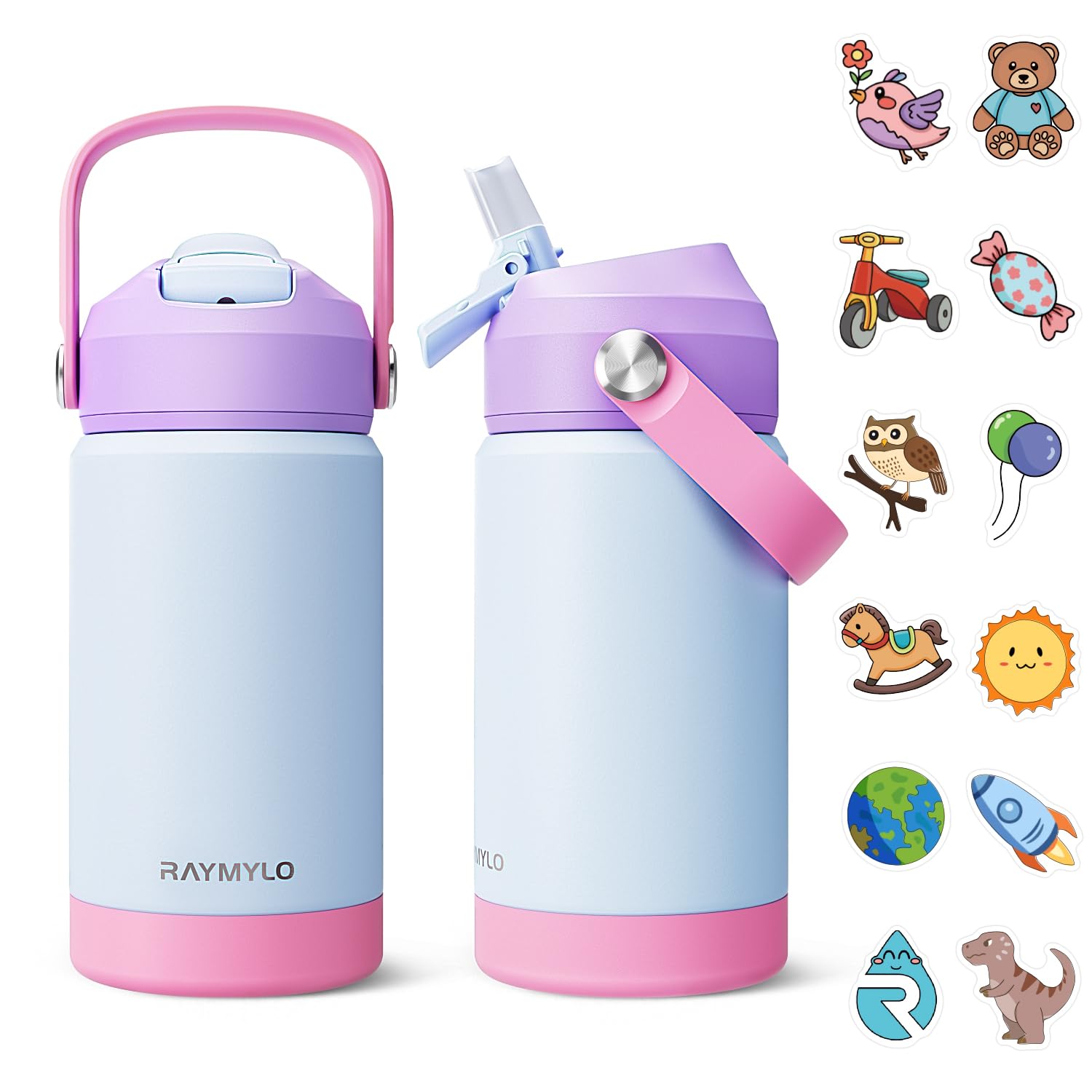 RAYMYLO toddler bottle front view, compact 12 oz stainless design for school days