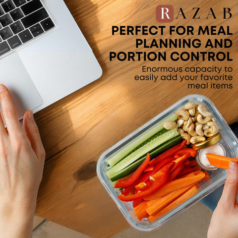 Razab 390ml round glass container with lid, perfect for snacks or portioned meals.