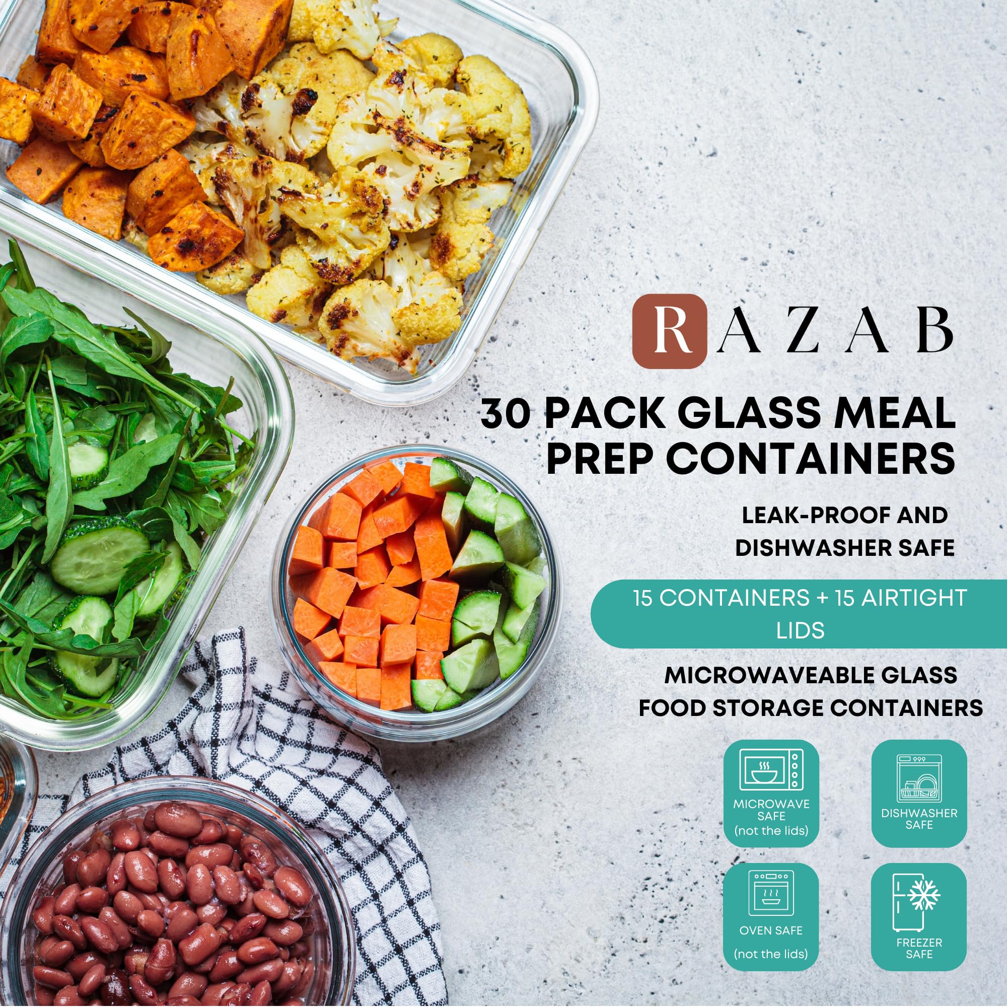 Razab 630ml round glass container with lid, great for reheating meals.