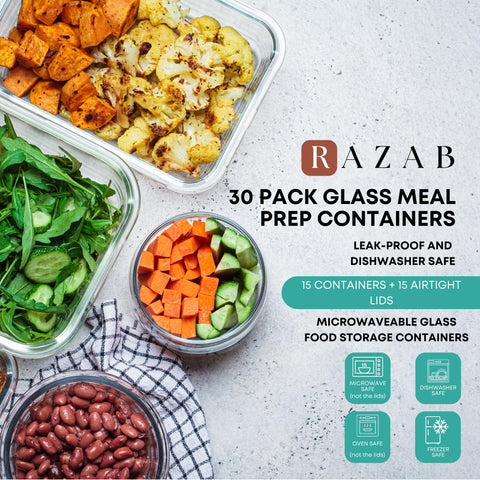 Razab 630ml round glass container with lid, great for reheating meals.