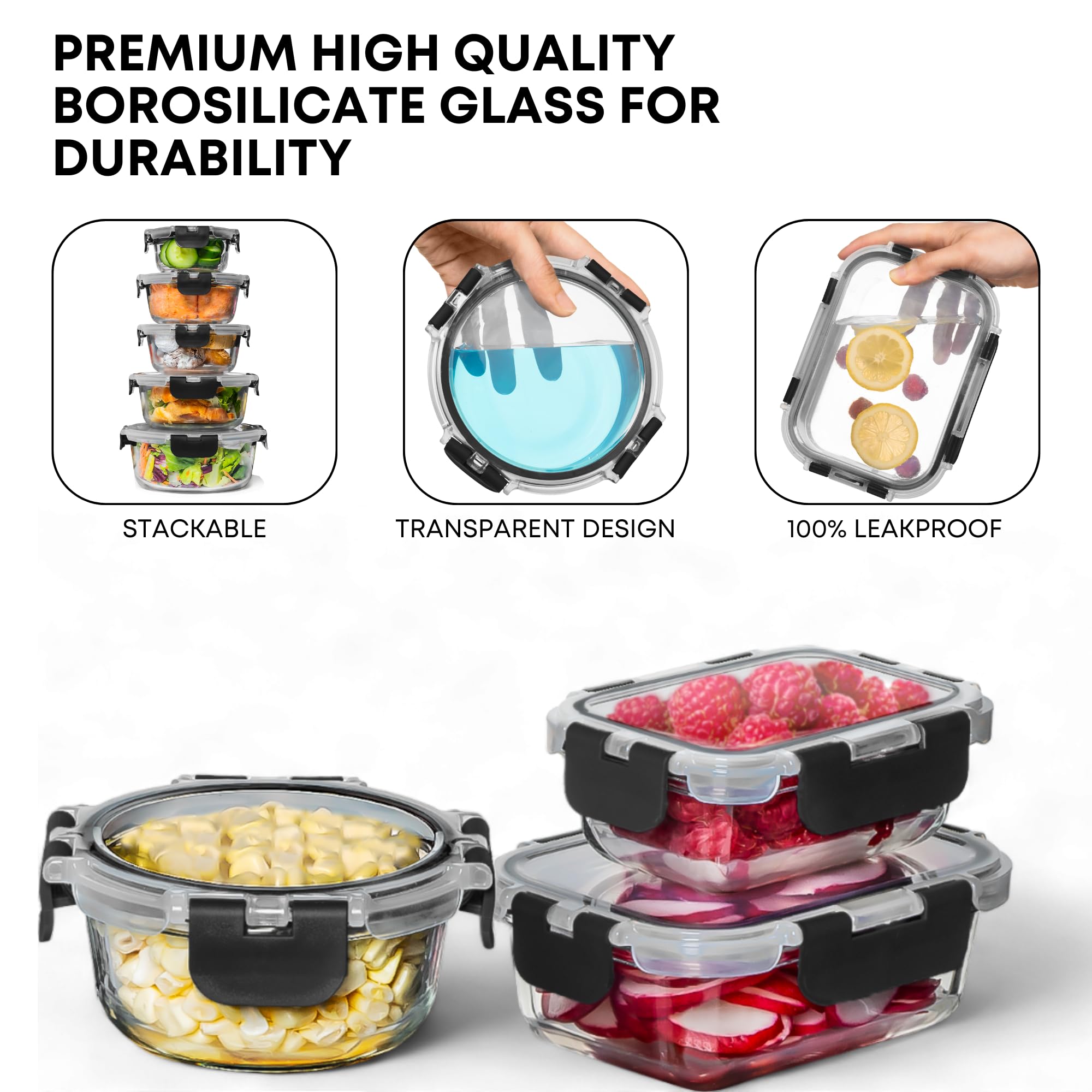 Razab 960ml round glass container with lid, ideal for big batches and leftovers.
