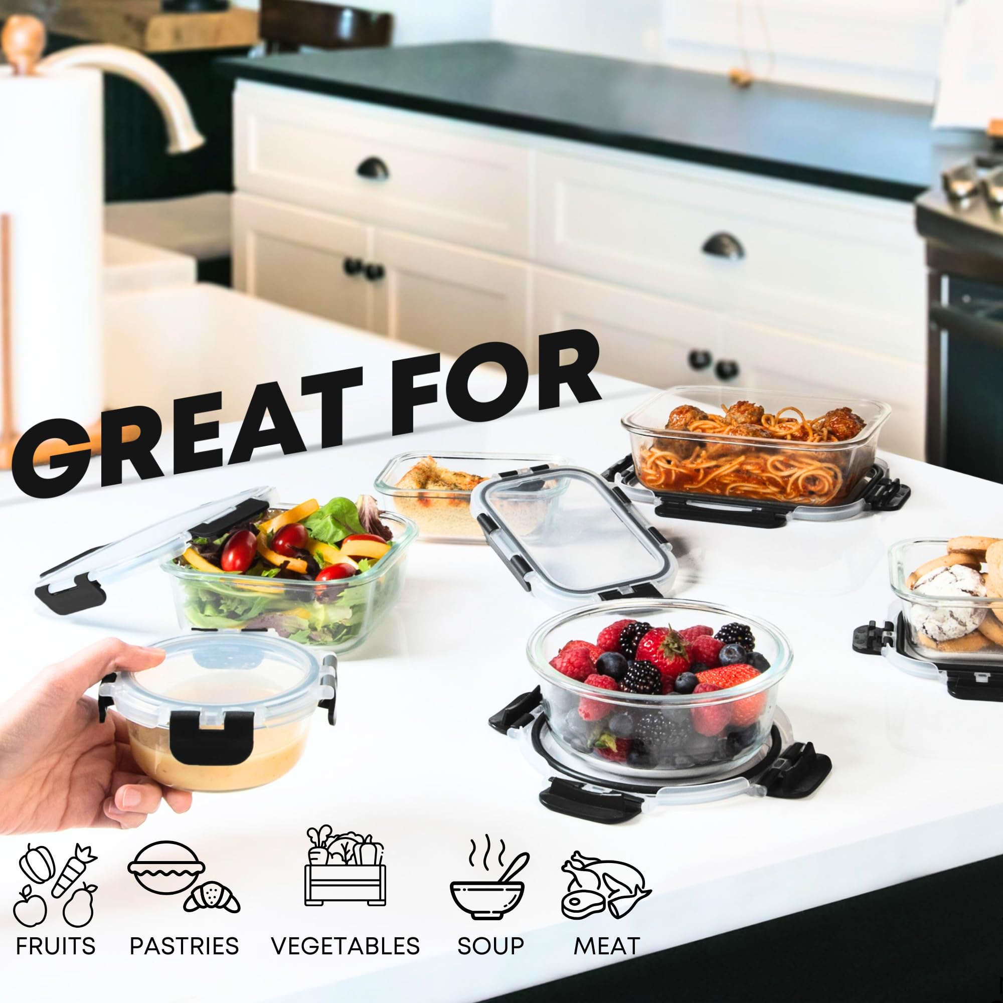 Razab 800ml square glass container with lid, ideal for meal prep and snack storage.