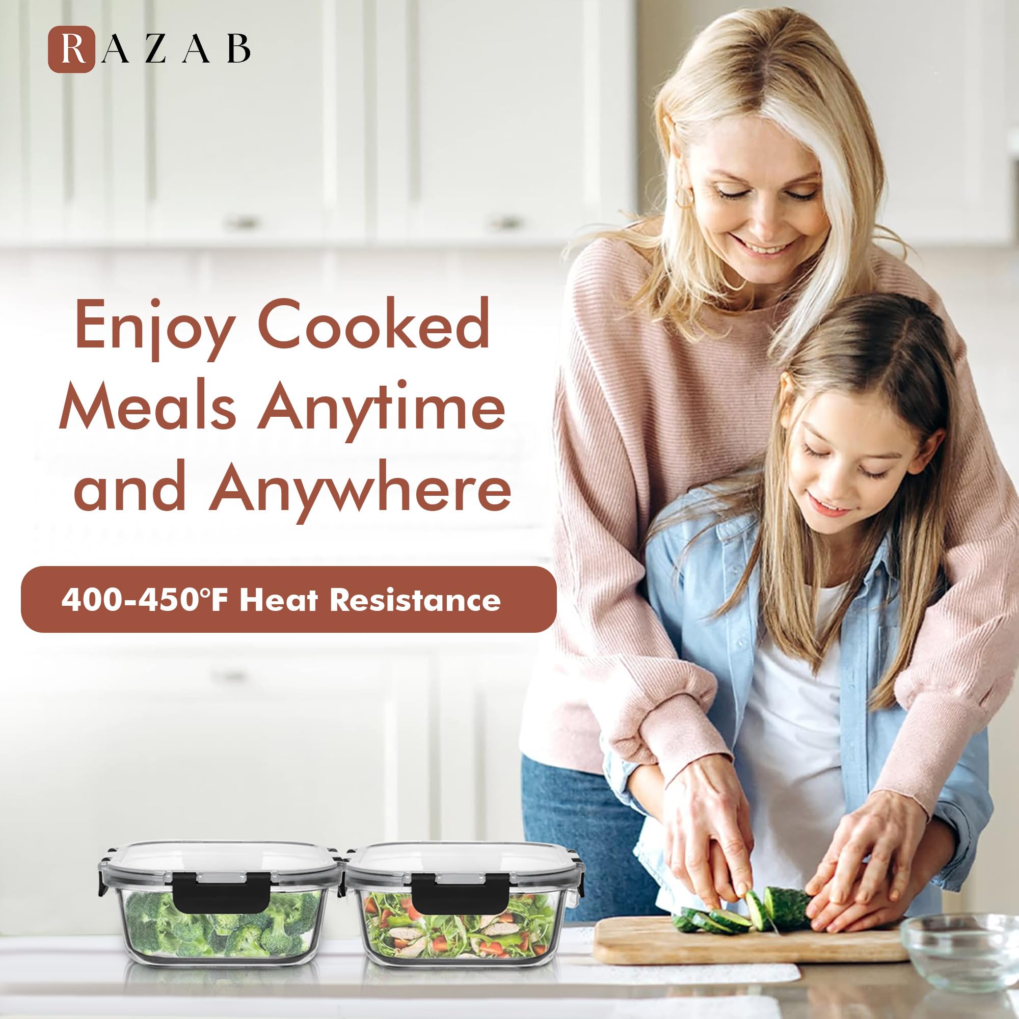Razab dishwasher-safe lids on top rack for easy cleaning.