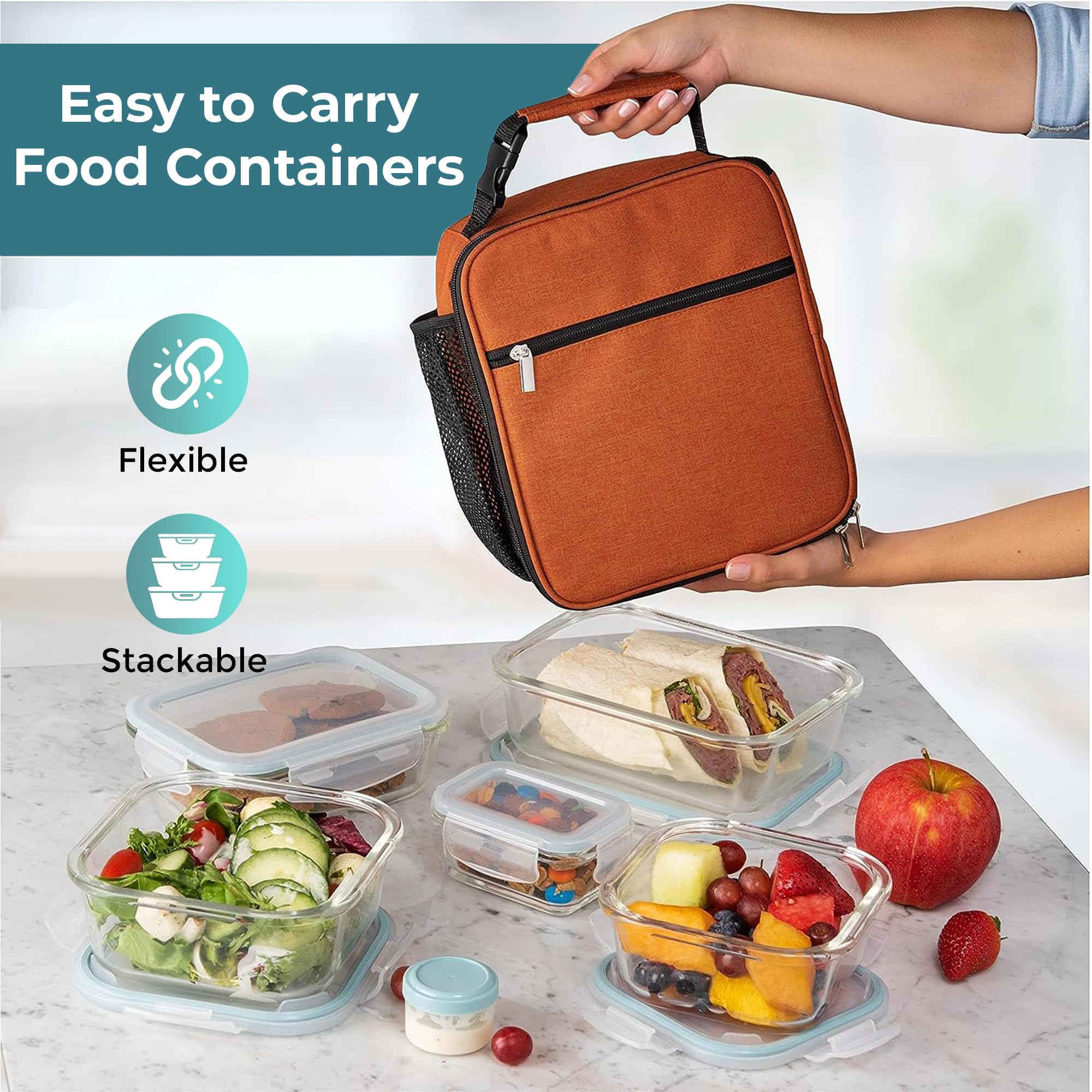Razab four-tab locking system keeps meals secure during transport.