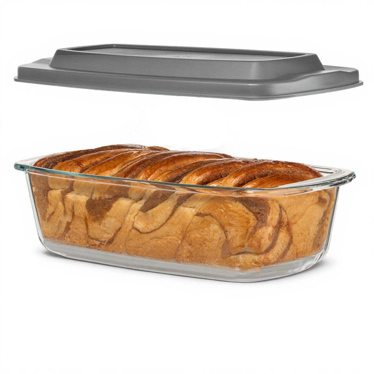 Razab glass loaf pan with clear body for even heat baking.