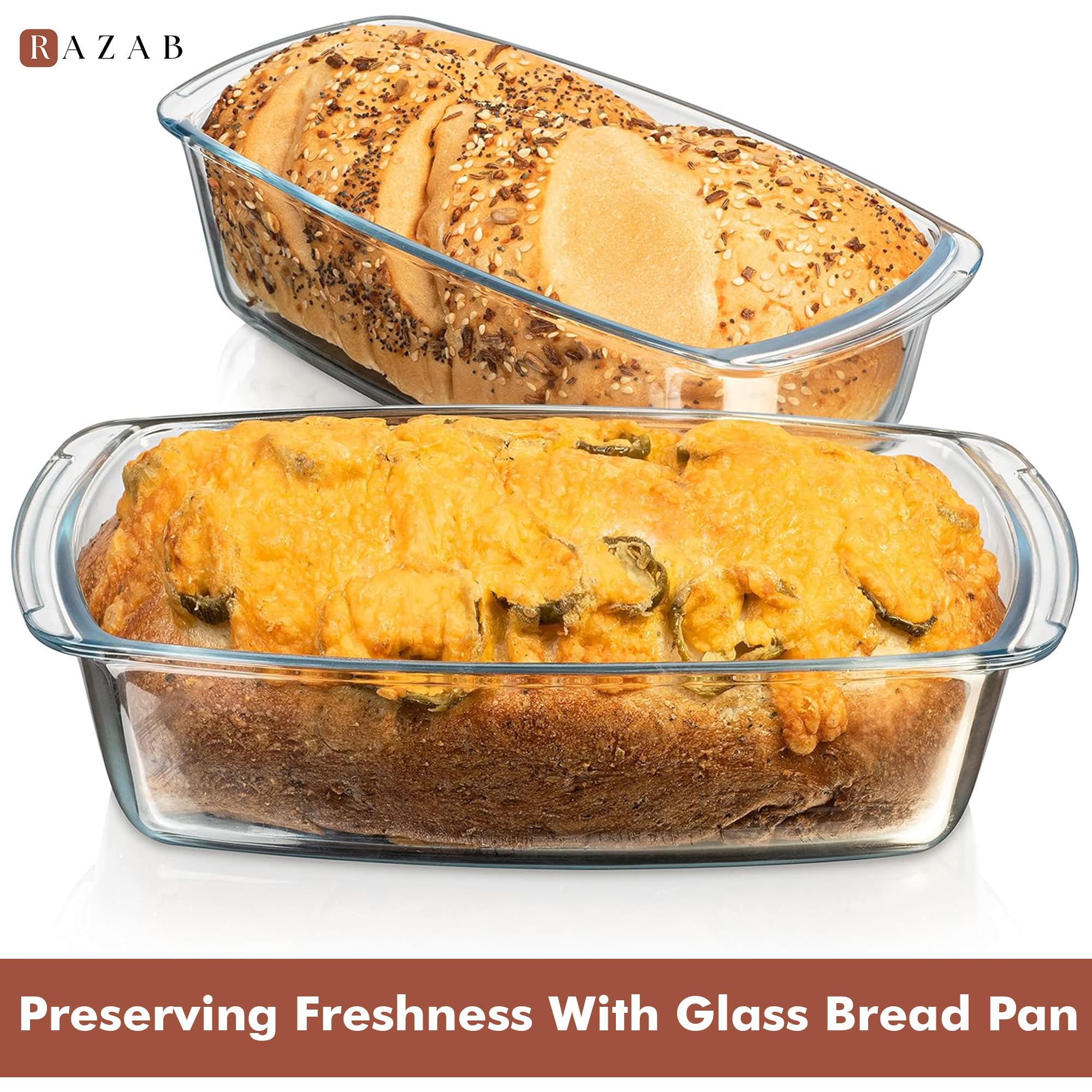 Razab glass loaf pan in-oven, microwave safe for versatile cooking.