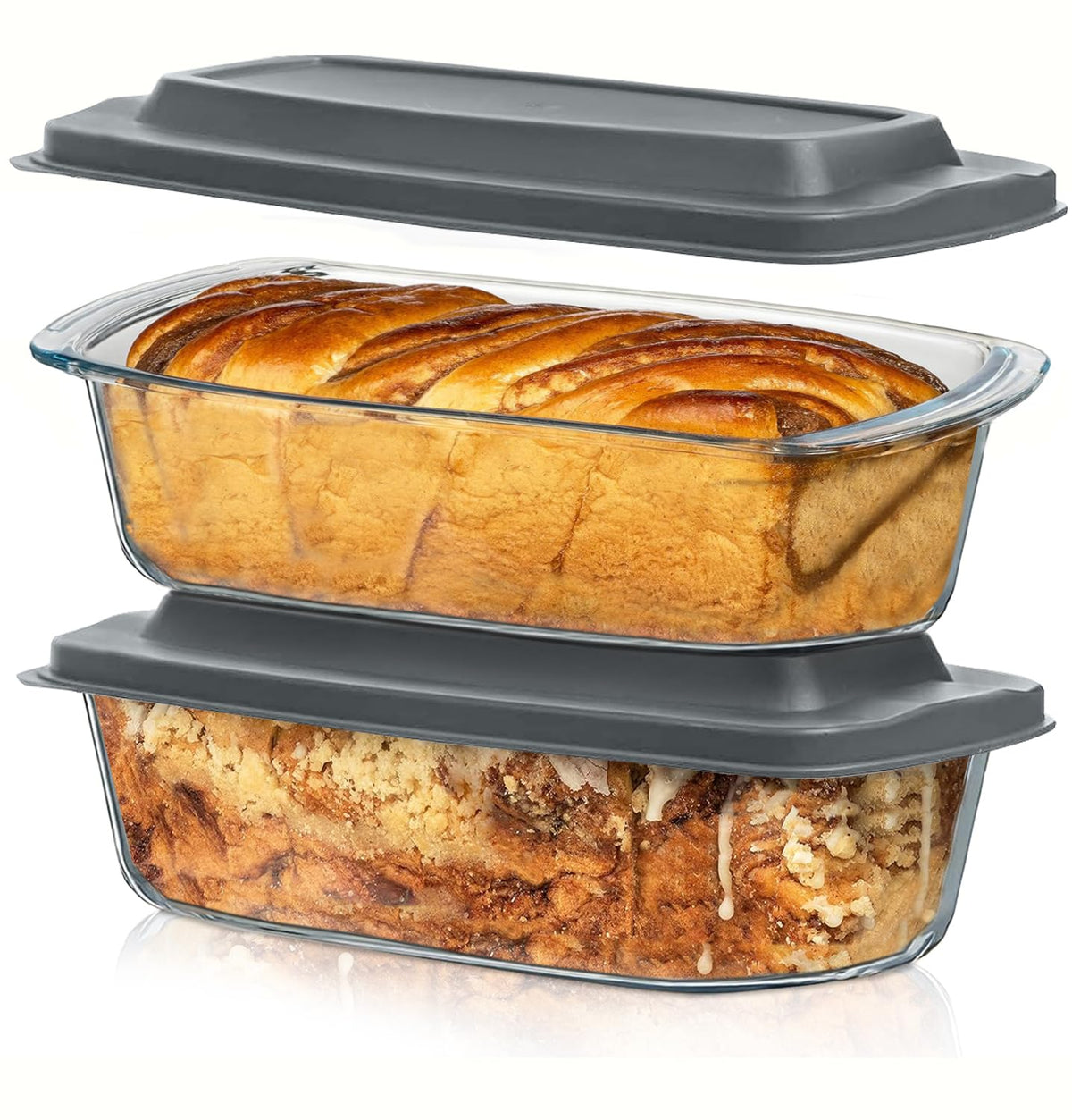 Razab loaf pan set with lids, 7.6 cups, ideal for baking and storing leftovers.