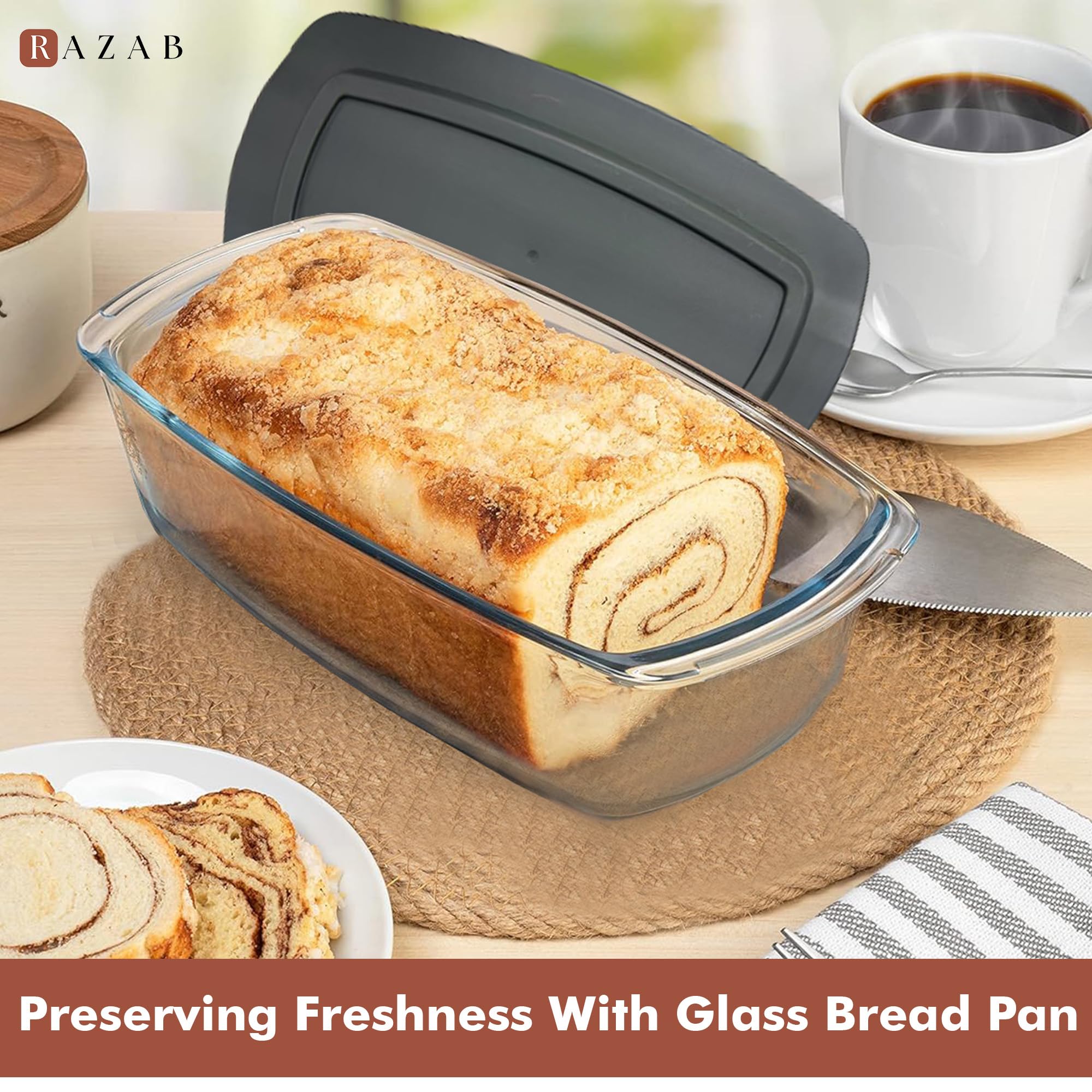 Razab loaf pan ergonomic handles for easy transport of hot pan.