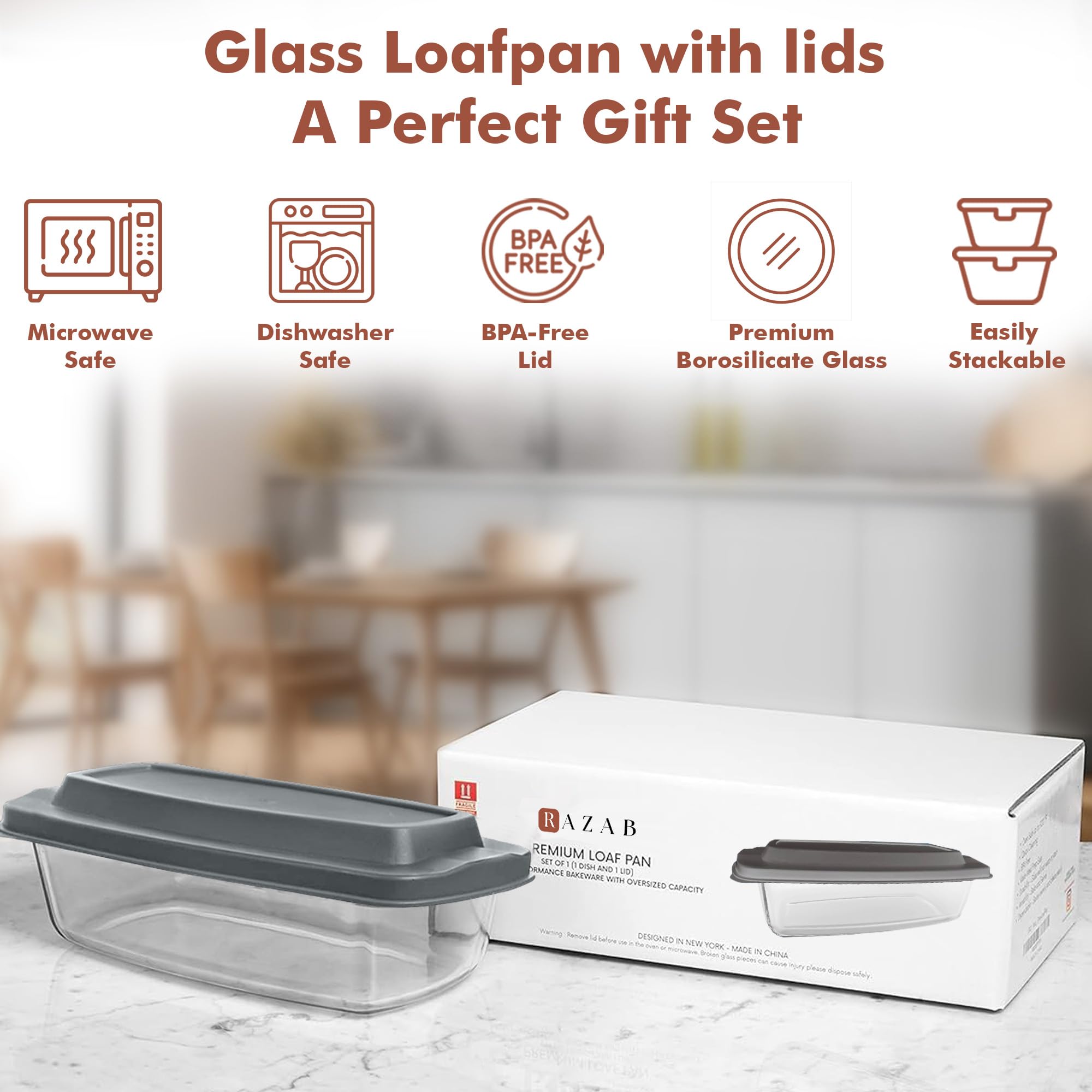 Razab glass loaf pan ideal for bread, meat loaf, casseroles, and desserts.