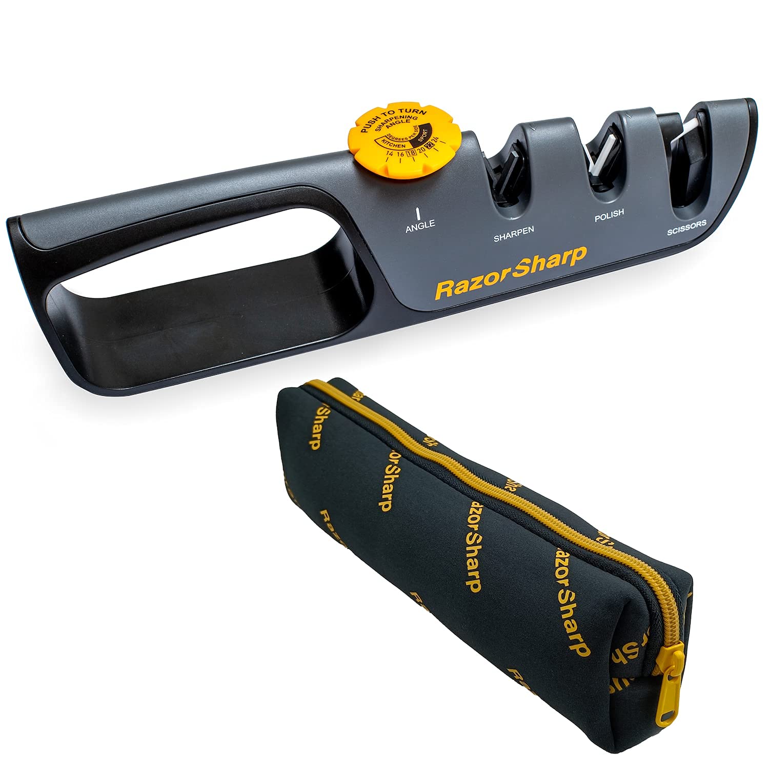 RAZORSHARP knife sharpener with angle guide for precise edge sharpening