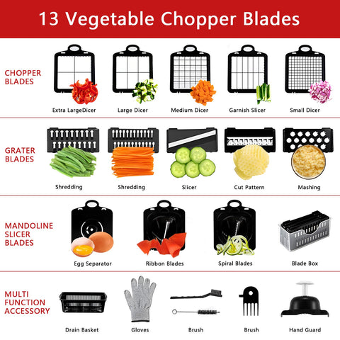 RCOMG 13-blades set shows blades for slicing, shredding, and julienne prep.