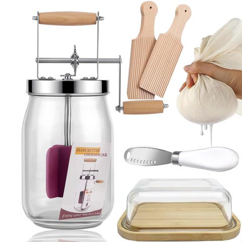 RDGDFONG manual butter churn kit with wooden crank and glass jar for fresh butter