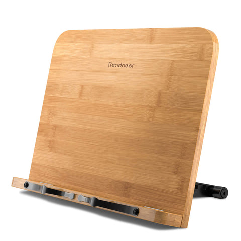READAEER bamboo book stand front view for sturdy desk support.