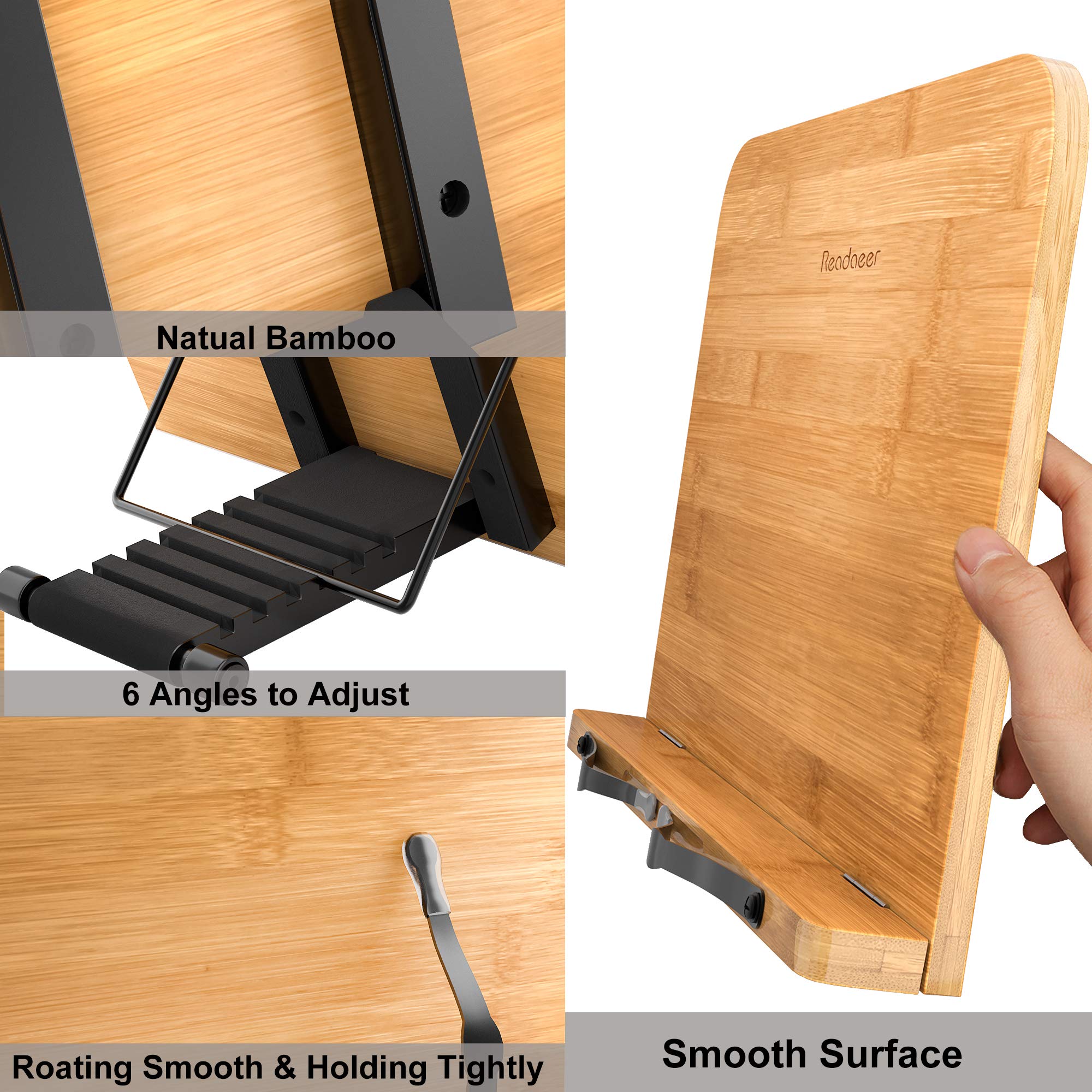 READAEER bamboo stand holds thick books up to 600 pages.