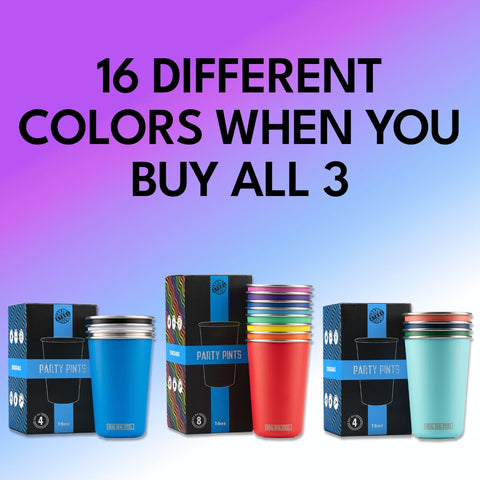 Real Deal Steel 16oz pint cups in bright colors for reusable entertaining