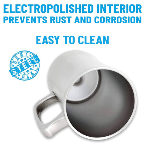 Real Deal Steel 20oz mug beer pour shot emphasizes crisp taste and easy grip