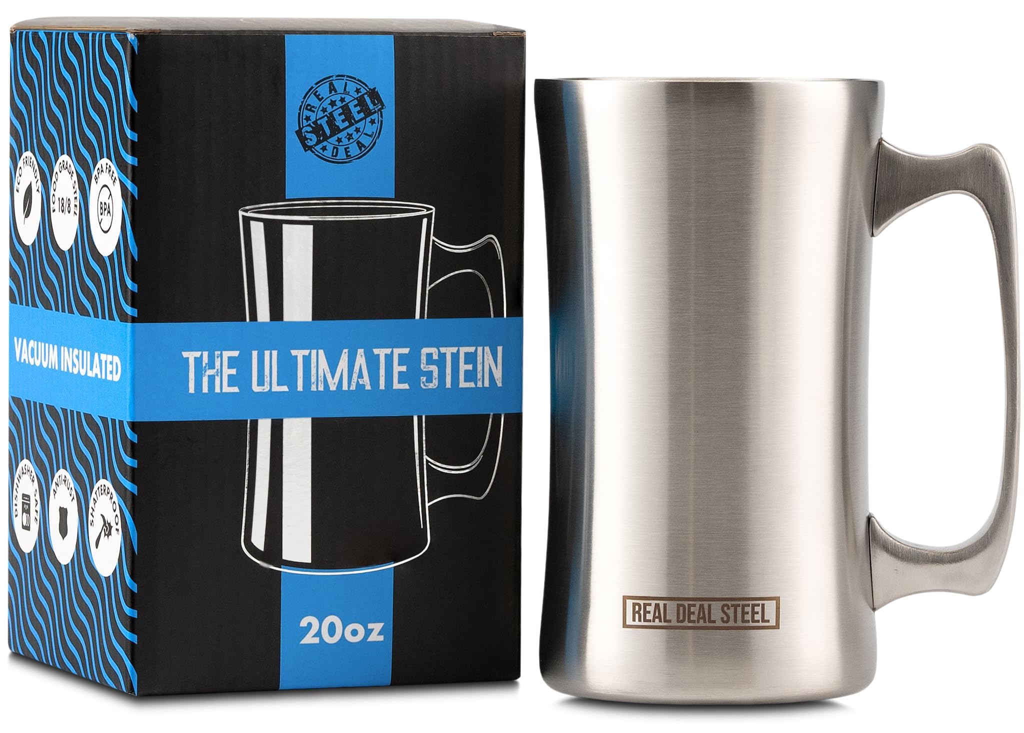 Real Deal Steel 20oz insulated mug front view with durable double-wall insulation for cold drinks