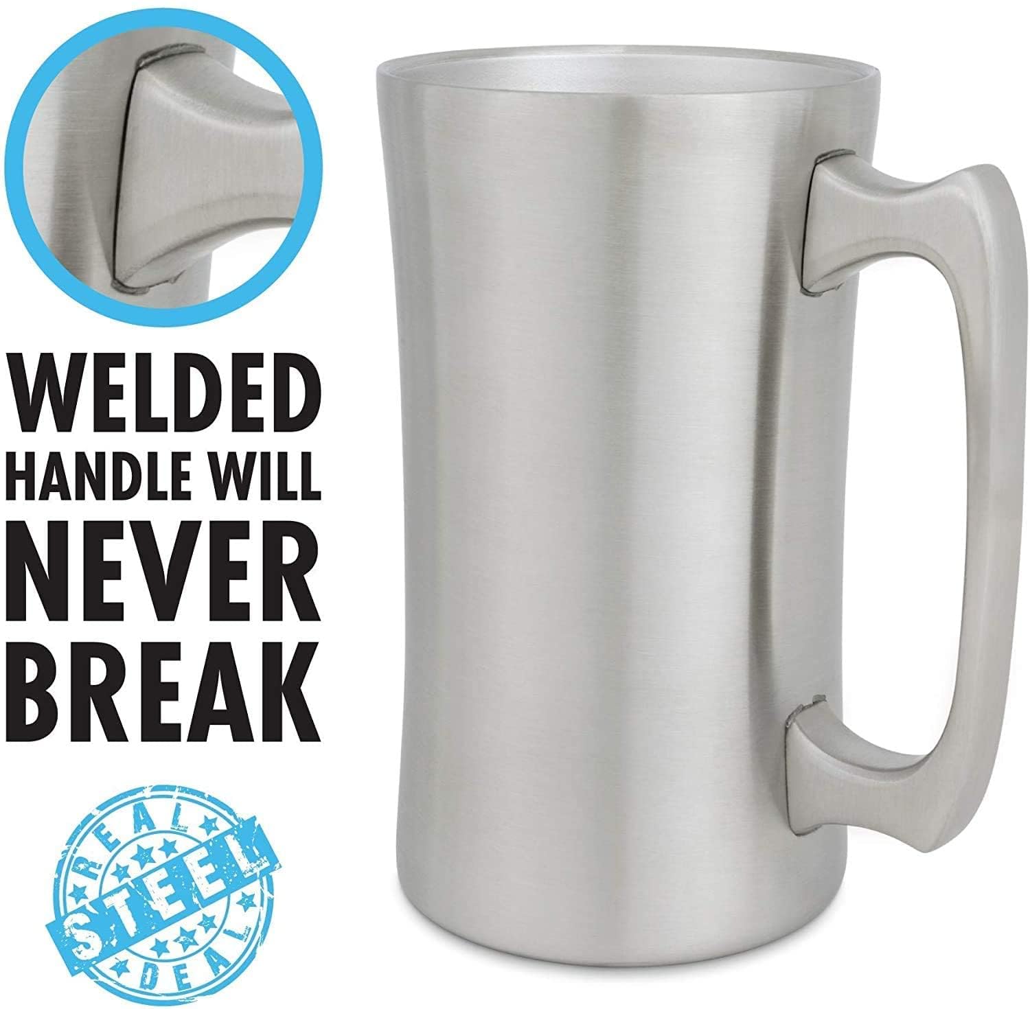 Real Deal Steel 20oz mug side view highlighting welded handle for lasting use