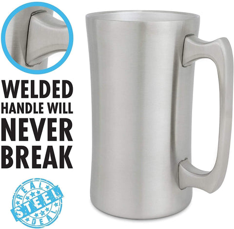 Real Deal Steel 20oz mug side view highlighting welded handle for lasting use