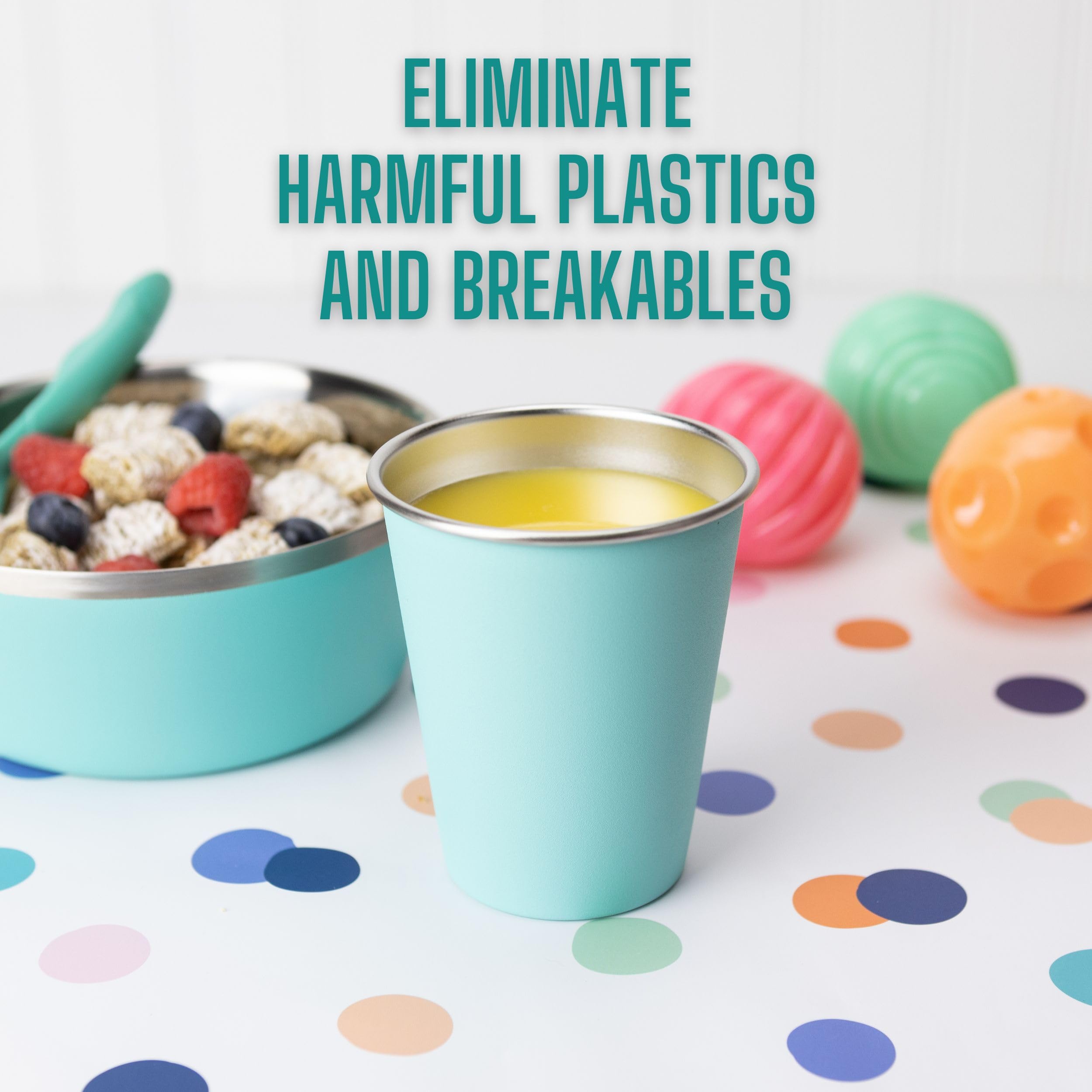 Real Deal Steel cups in four colors for easy identification at meals.