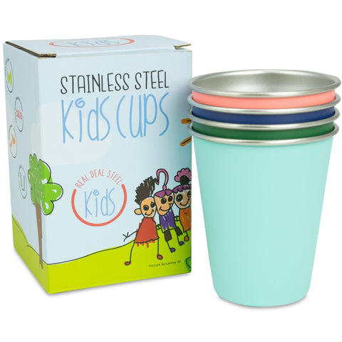 Real Deal Steel Kids Cups stacked neatly for space-saving storage.