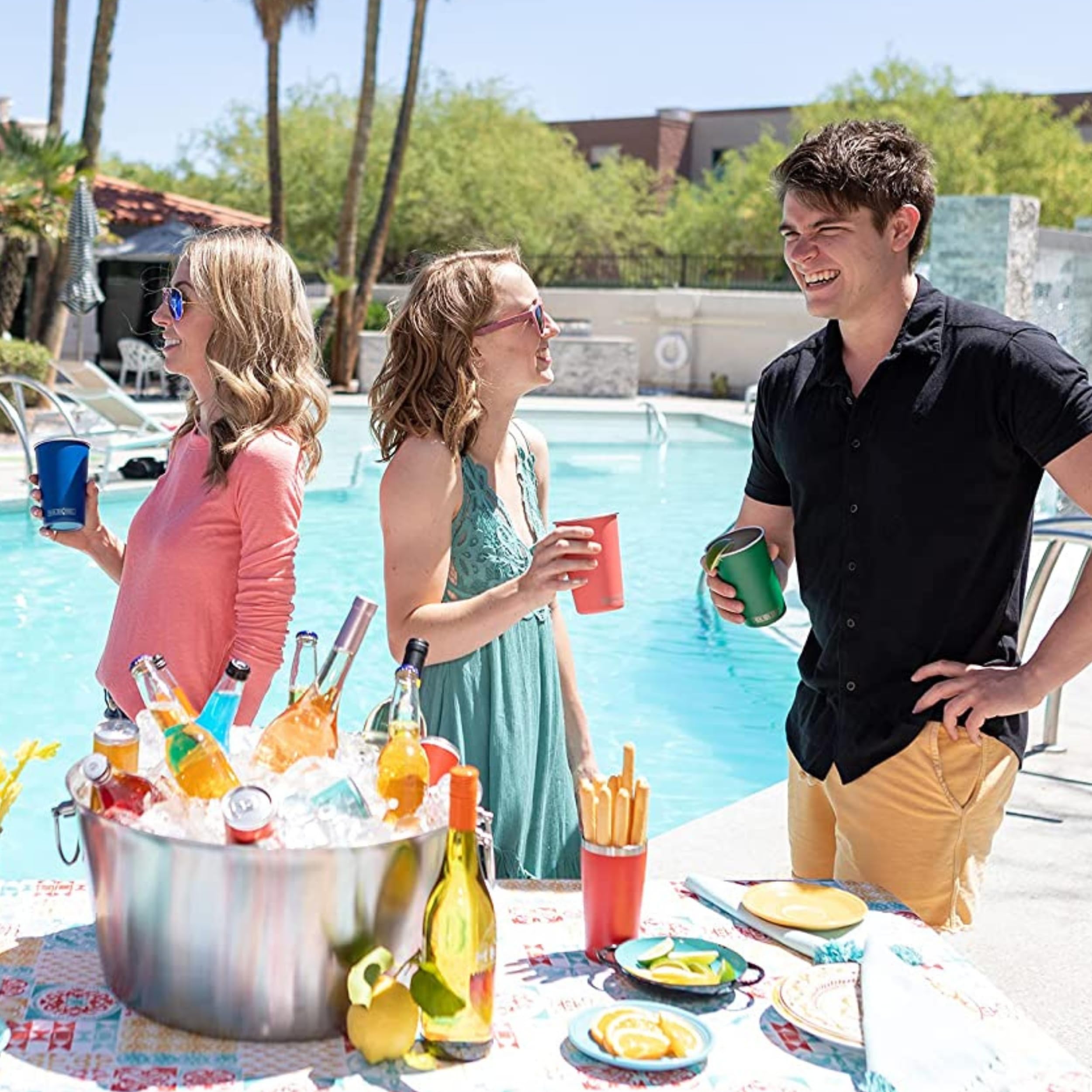 Real Deal Steel poolside cups resist breaking and stay cool near water