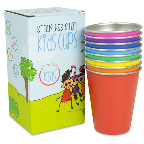 Real Deal Steel rainbow kids cups 6-pack on table, colorful and kid-friendly.