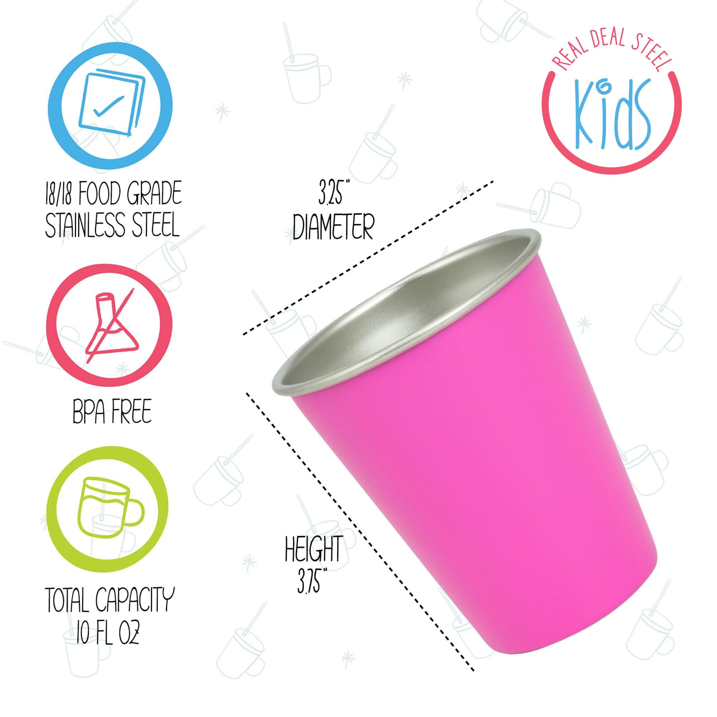 Real Deal Steel rainbow kids cups stacked neatly to save counter space.