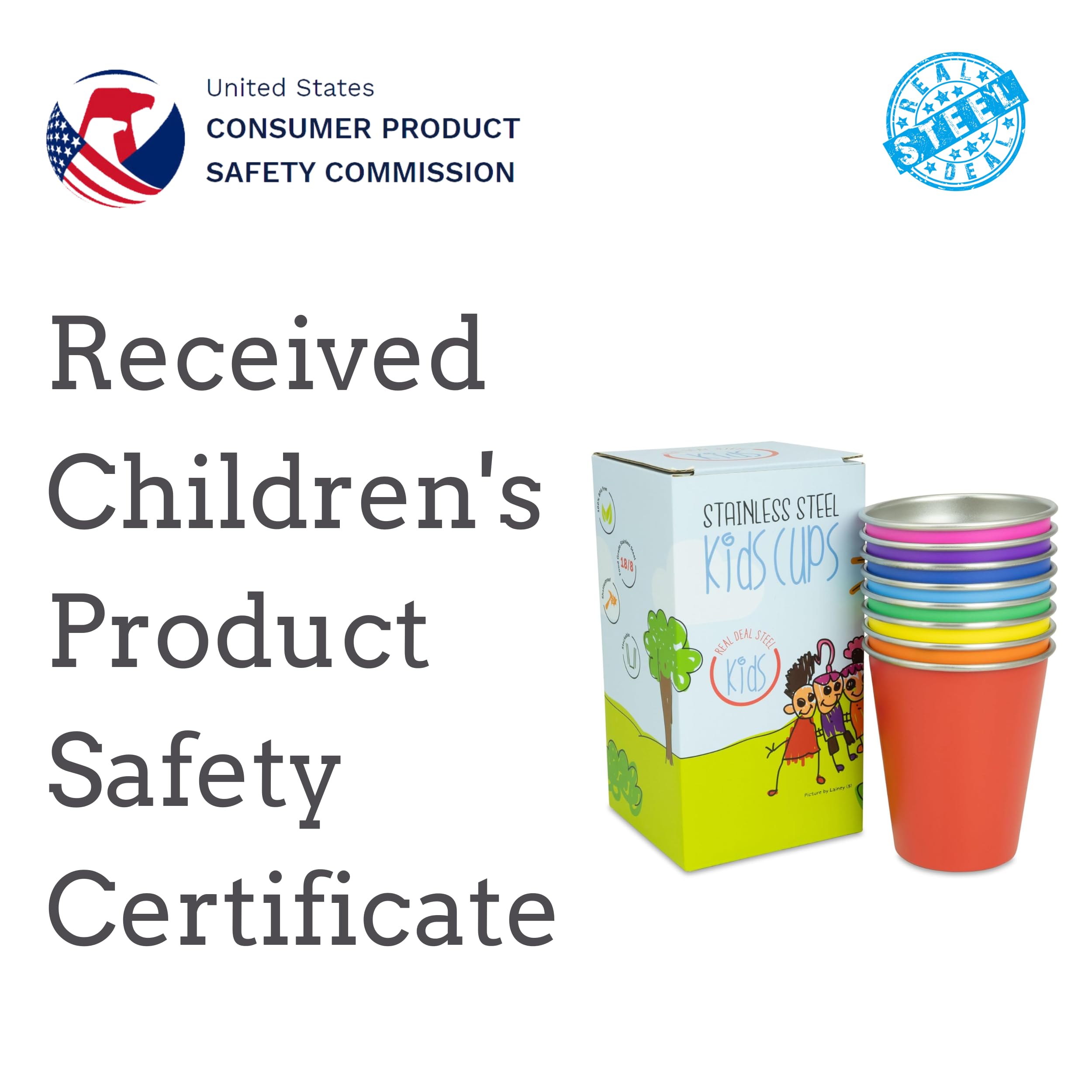 Real Deal Steel rainbow kids cups used for drinks and snacks.
