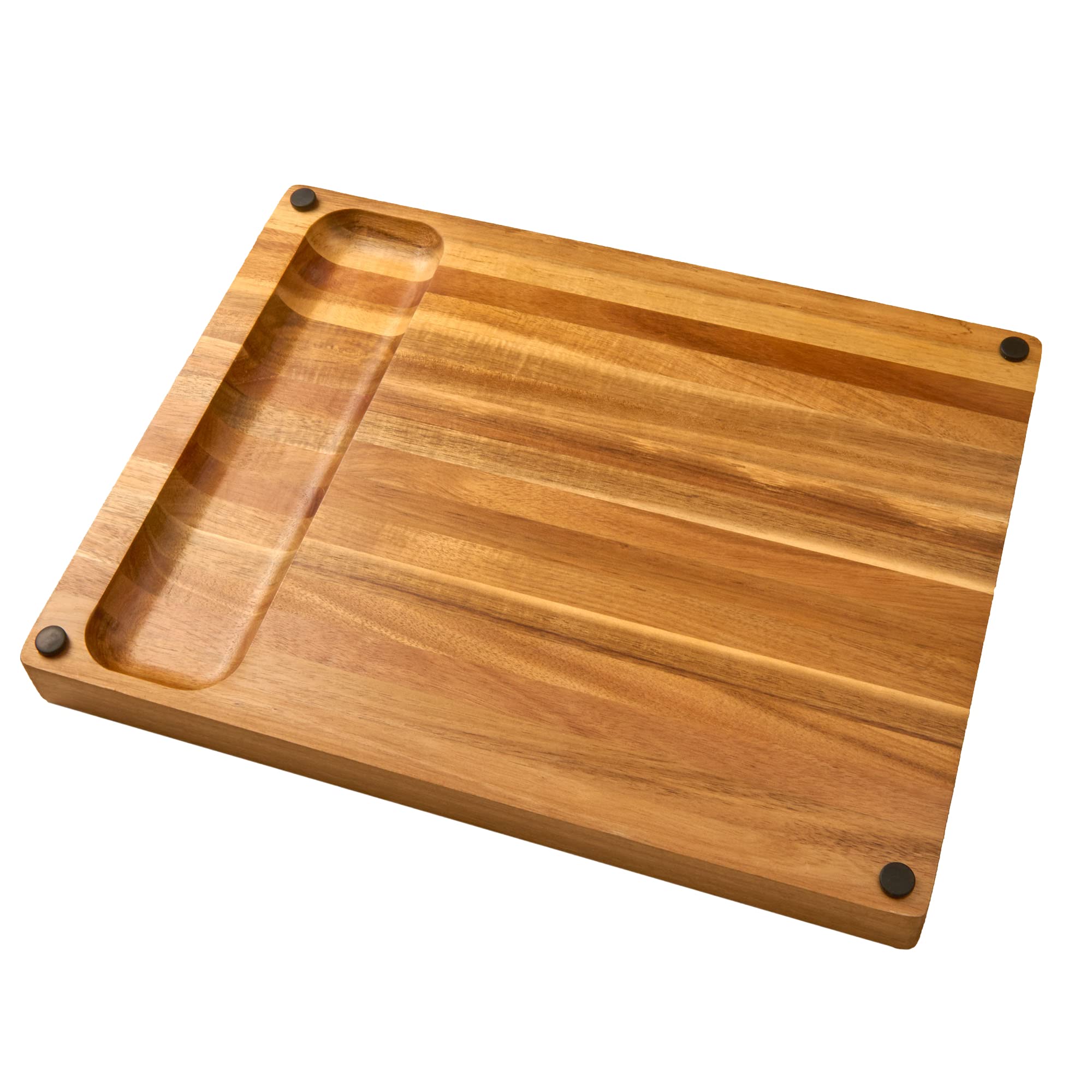 Real Life Living acacia cutting board used as a charcuterie board with assortment