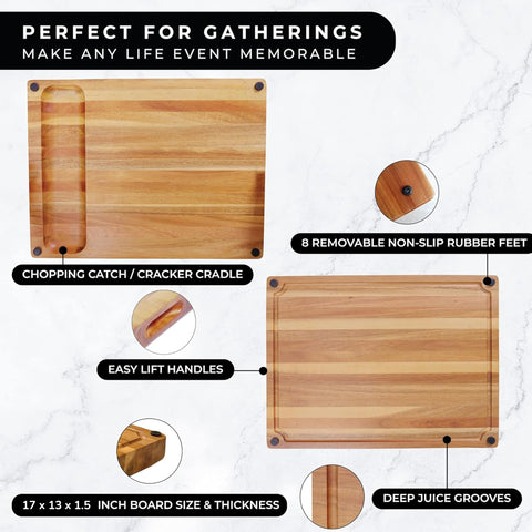 Real Life Living acacia cutting board with juice groove catching liquids during prep