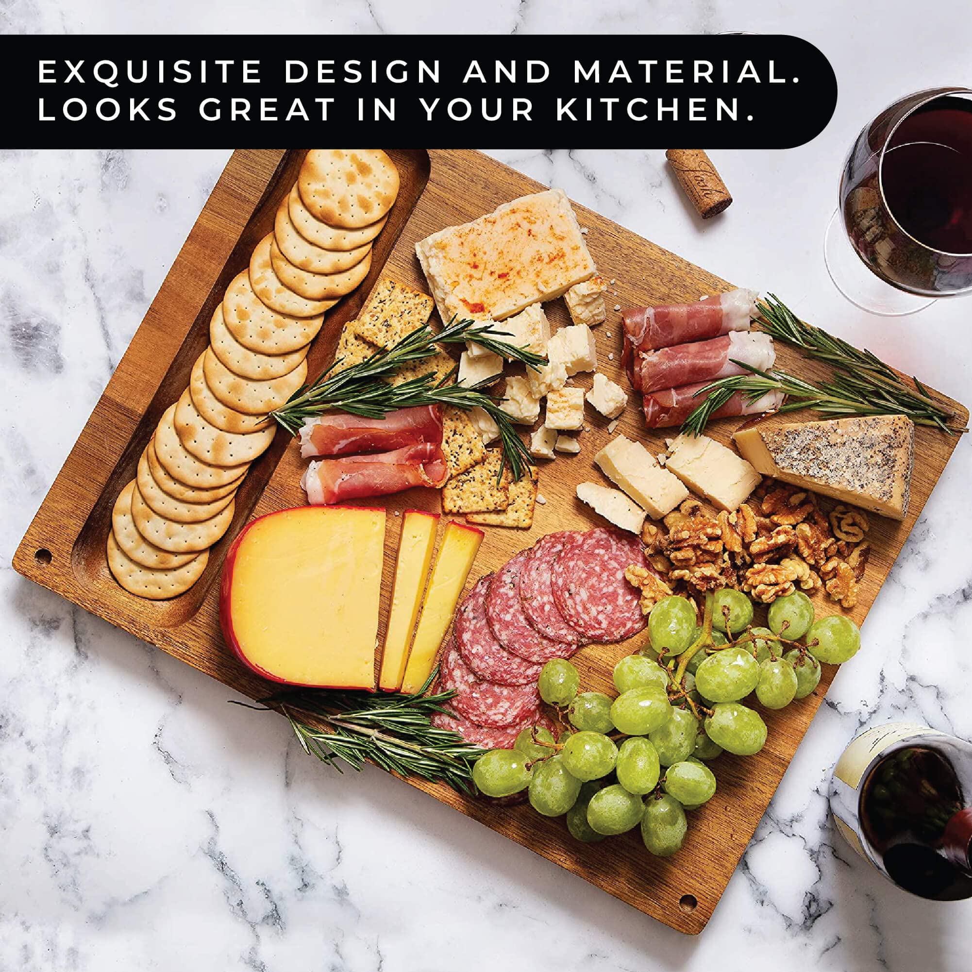 Real Life Living acacia cutting board with non-slip base on a countertop