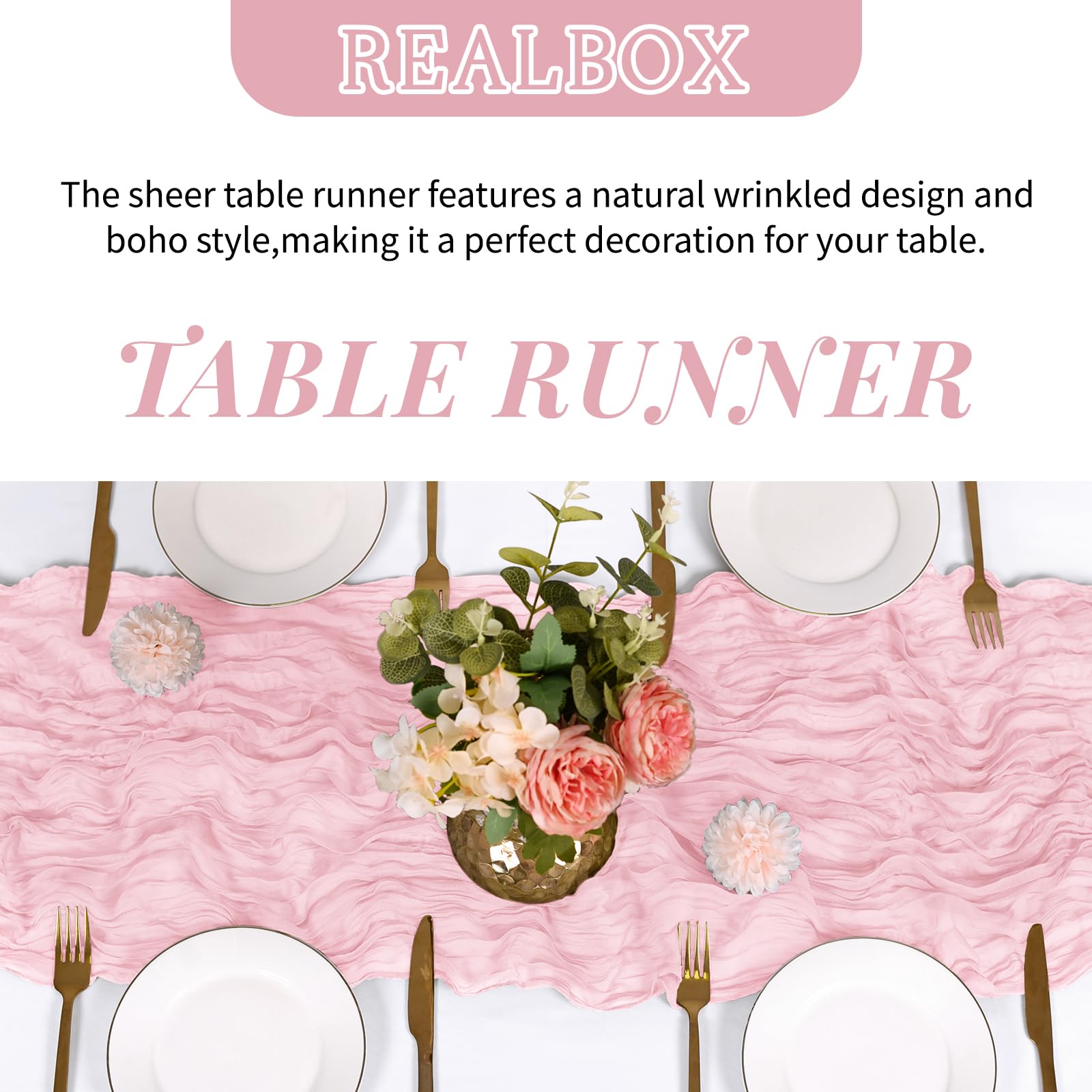 RealBox boho arch backdrop idea using light-pink cheesecloth for romantic decor.