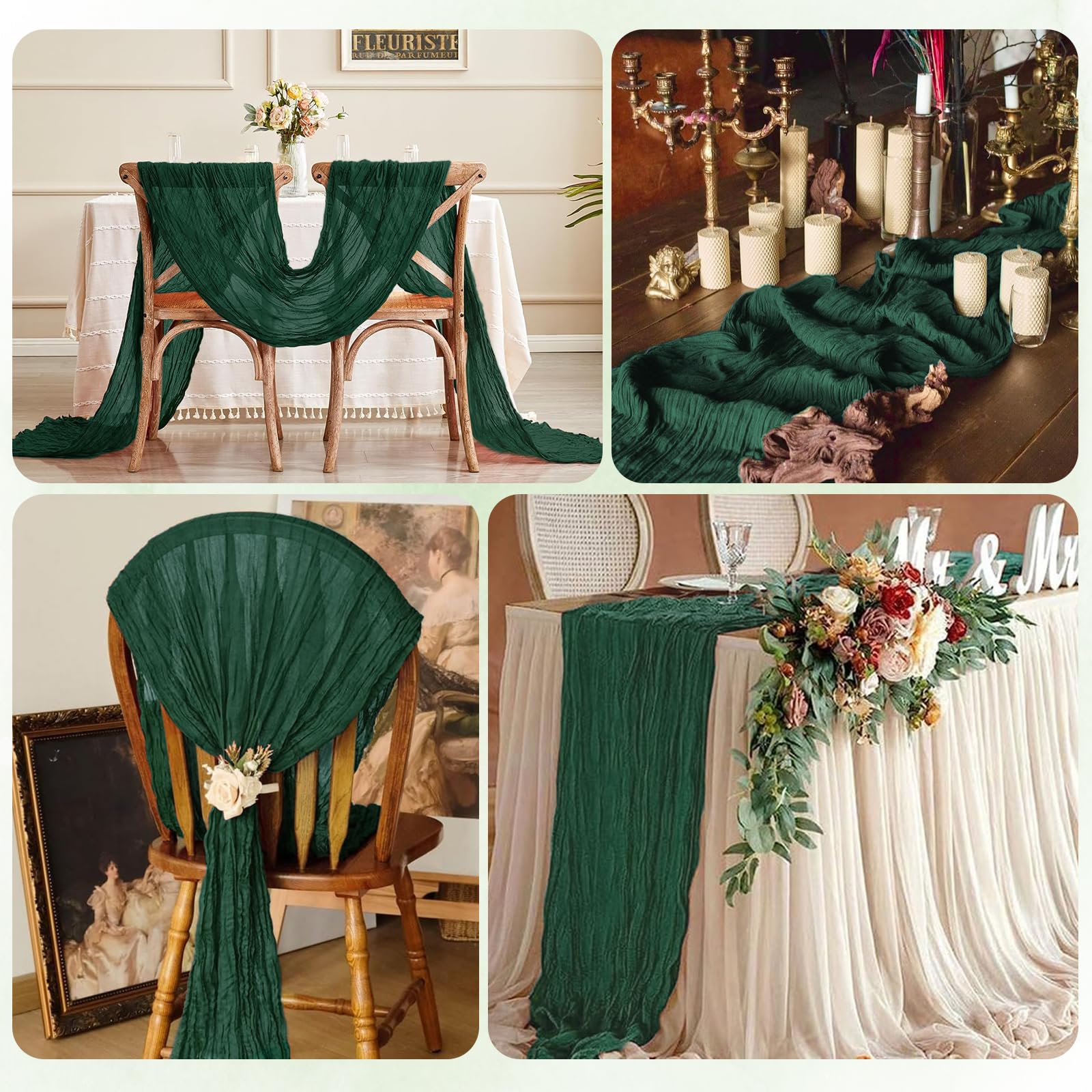 RealBox emerald green table runner draped from arch for romantic ambiance
