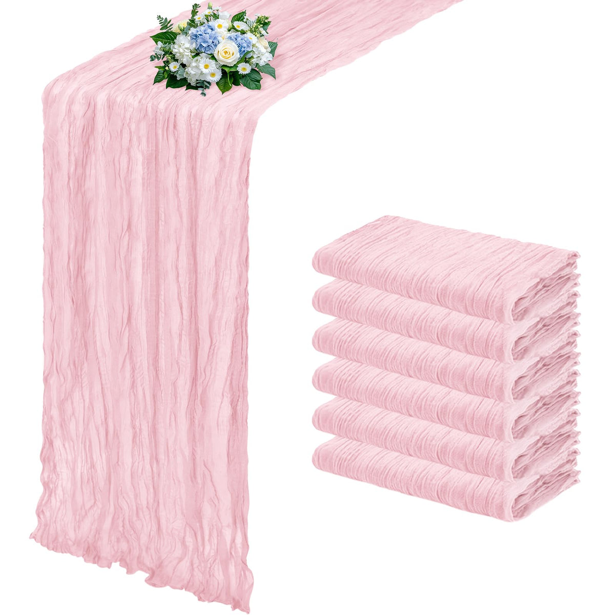 RealBox light pink cheesecloth table runner with delicate pleats for elegant table decor.