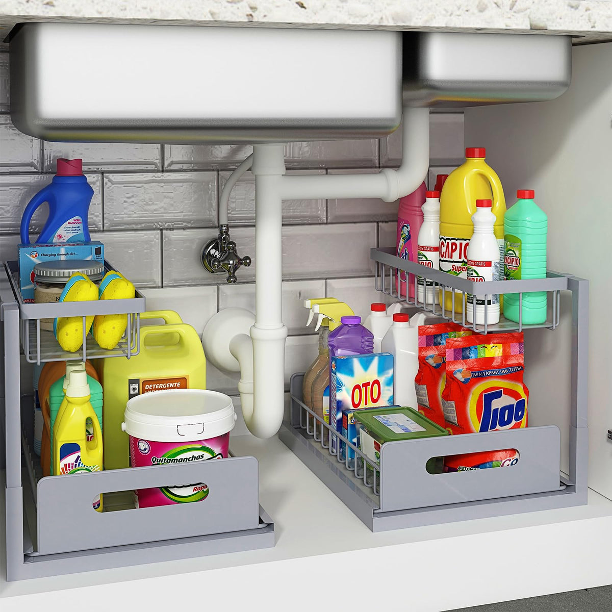REALINN under-sink organizer 2-tier slide-out in grey, saves cabinet space.