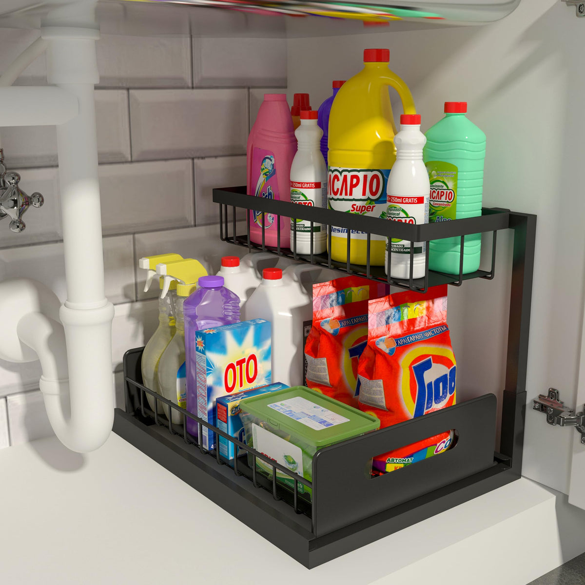 Realinn under-sink organizer with L-shaped design to maximize vertical space around plumbing.