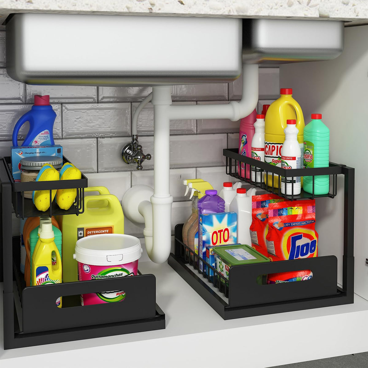 REALINN under-sink organizer left view with space-saving L-shaped design.